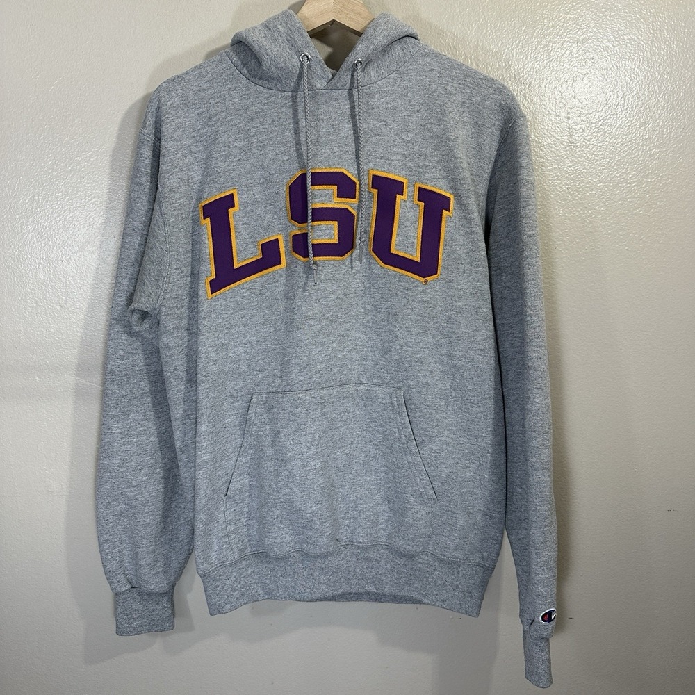 LSU TIGERS Champion Men's S Gray Arch Spell‎ Out Logo Pullover Sweatshirt Hoodie